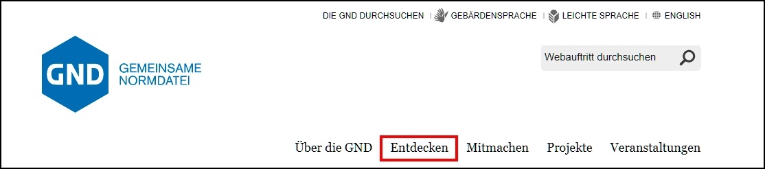 Screenshot von gnd.network - Menüpunkt "Entdecken" Screenshot von gnd.network - Menüpunkt "Entdecken"