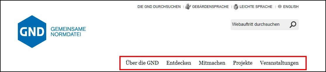 Screenshot von gnd.network - Hauptnavigation mit den Punkten "Über die GND", "Entdecken", "Mitmachen", "Projekte" und "Veranstaltungen" Screenshot von gnd.network - Hauptnavigation mit den Punkten "Über die GND", "Entdecken", "Mitmachen", "Projekte" und "Veranstaltungen"