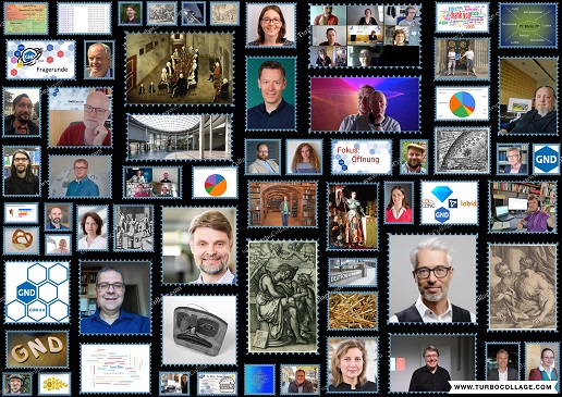 Zufallscollage aus den Beiträgen zur GNDCon, mit Aufnahmen aus dem Kreis der GNDCon-Pat*innen, der Koreferent*innen und des Organisationsteams Zufallscollage aus den Beiträgen zur GNDCon, mit Aufnahmen aus dem Kreis der GNDCon-Pat*innen, der Koreferent*innen und des Organisationsteams